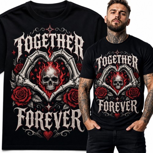 Koszulka męska „Together Forever” - szkieletowe dłonie w serce z płonącą czaszką i różami