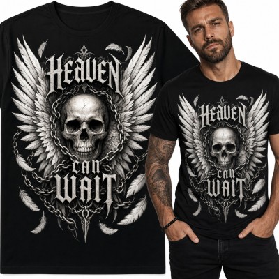 Koszulka męska z czaszką, skrzydłami i łańcuchami „Heaven Can Wait”