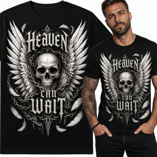 Koszulka męska z czaszką, skrzydłami i łańcuchami „Heaven Can Wait”