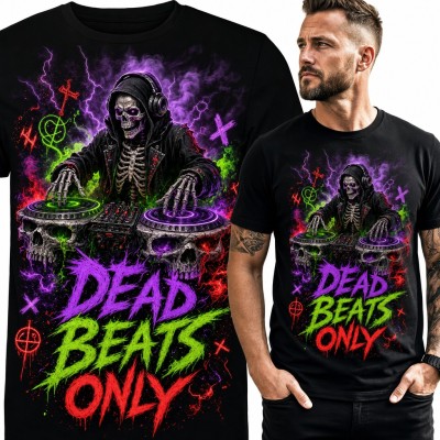 Koszulka męska „Dead Beats Only” - szkielet DJ na gramofonach z czaszek