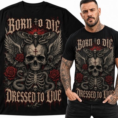 Koszulka męska „Born to die dressed to live” - gotycka czaszka ze skrzydłami i różami