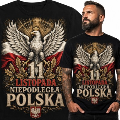 Koszulka męska „11 listopada niepodległa Polska” - orzeł w koronie i biało-czerwona flaga