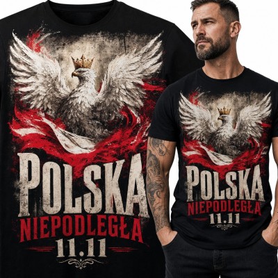 Koszulka męska patriotyczna „Polska niepodległa 11.11” - orzeł biały w koronie