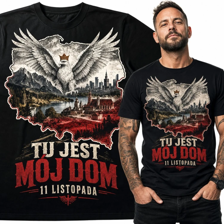 Koszulka męska z orłem w koronie i mapą Polski „Tu jest mój dom 11 listopada”