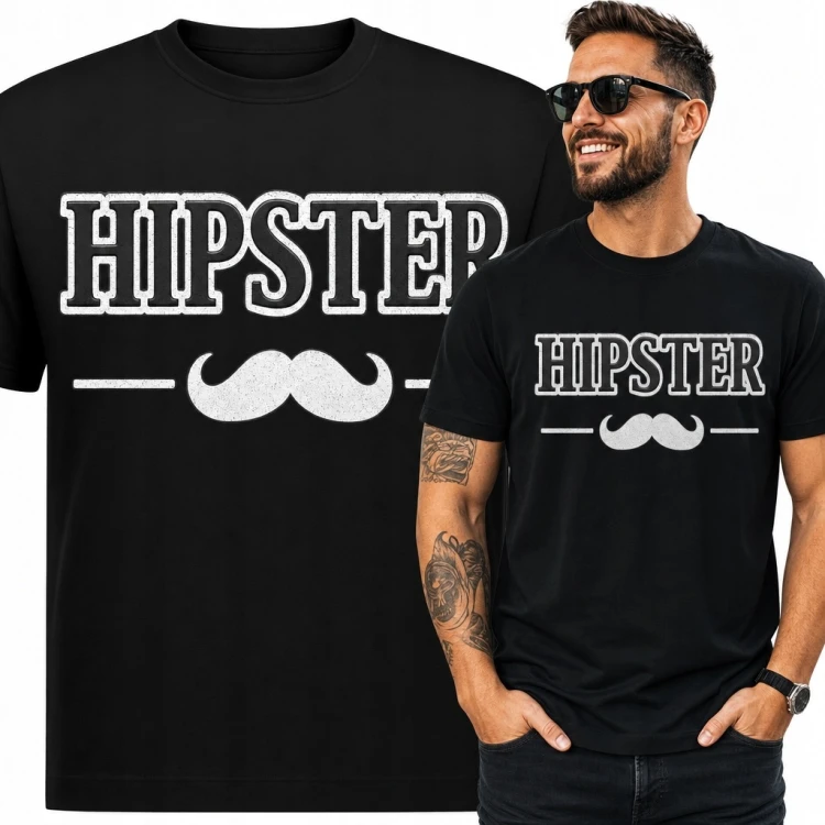 Koszulka męska z napisem „Hipster” i wąsami - humorystyczny motyw retro