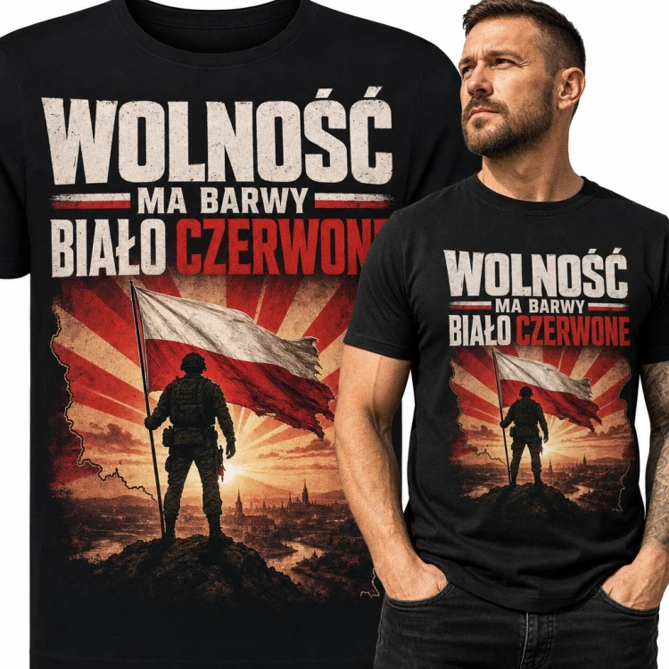 Koszulka męska „Wolność ma barwy biało czerwone” - żołnierz z polską flagą