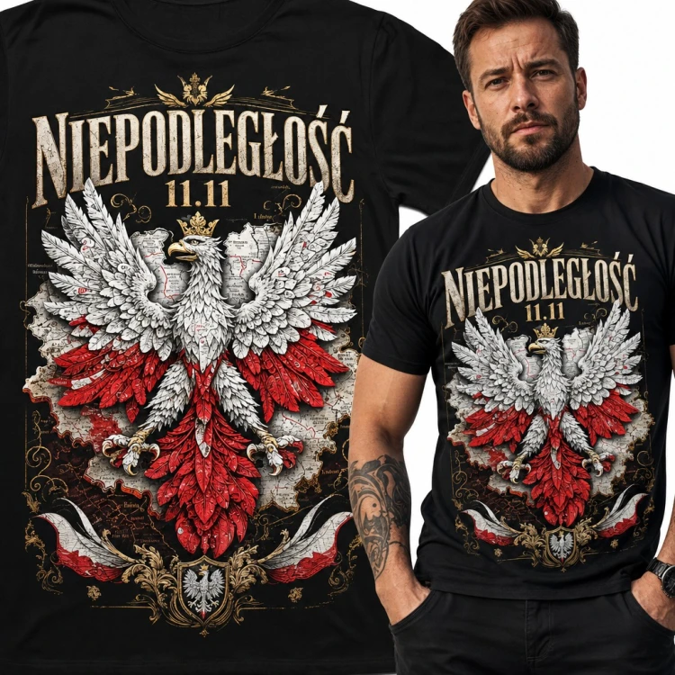 Koszulka męska „Niepodległość 11.11” - Orzeł Biały na mapie Polski