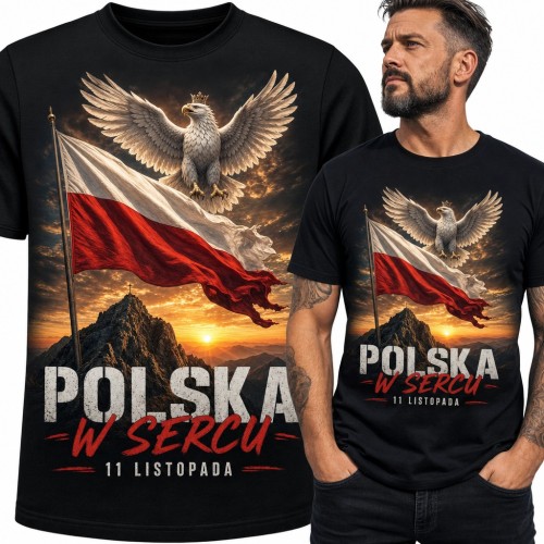 Koszulka męska „Polska w sercu” - orzeł w koronie i flaga na 11 listopada