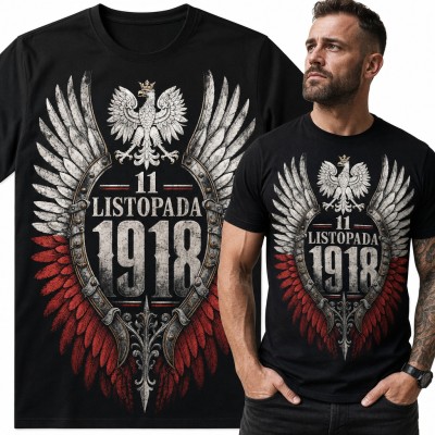 Koszulka męska „11 listopada 1918” - orzeł biały i skrzydła husarskie