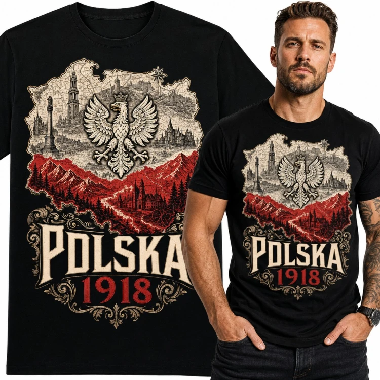 Koszulka męska „Polska 1918” - orzeł w koronie na mapie kraju