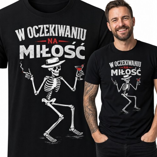 Koszulka męska ze szkieletem „W oczekiwaniu na miłość” - czarny humor