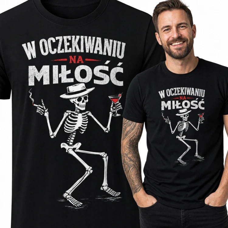 Koszulka męska ze szkieletem „W oczekiwaniu na miłość” - czarny humor