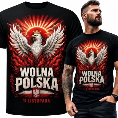 Koszulka męska patriotyczna „Wolna Polska” - orzeł w koronie na 11 listopada