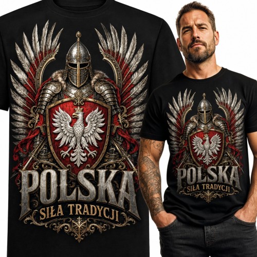 Koszulka męska husarz z orłem na tarczy i skrzydłami - „Polska siła tradycji”