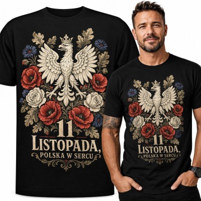 Koszulka męska „11 listopada, Polska w sercu” - orzeł w koronie wśród maków