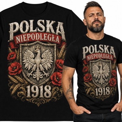 Koszulka męska „Polska niepodległa 1918” - orzeł w koronie wśród maków