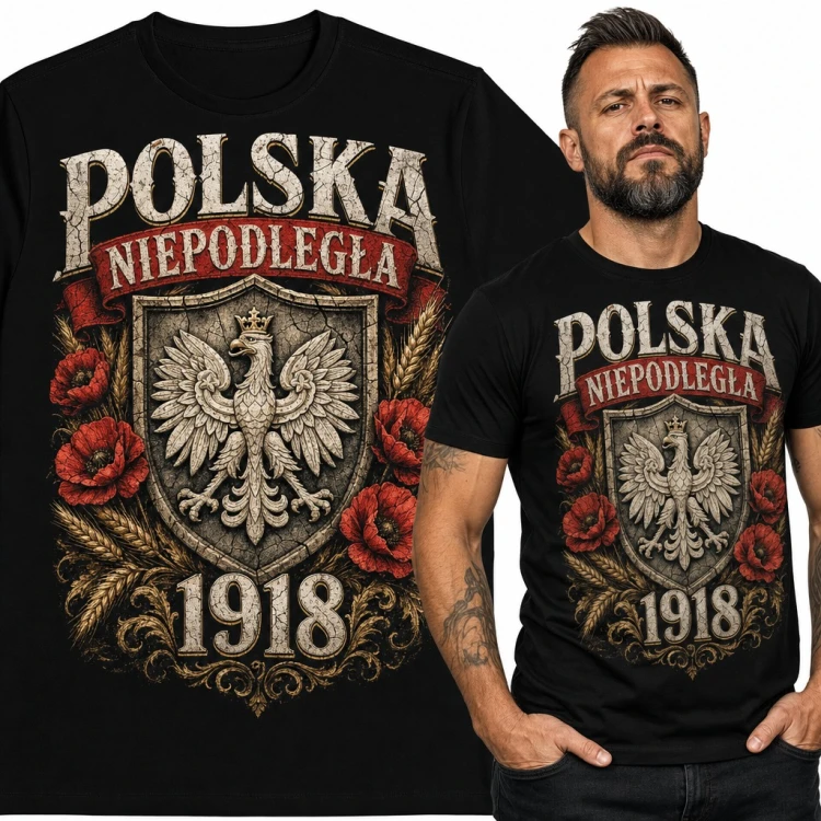 Koszulka męska „Polska niepodległa 1918” - orzeł w koronie wśród maków