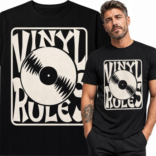 Koszulka męska z płytą winylową „Vinyl Rules” - retro wzór dla fana muzyki