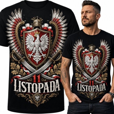 Koszulka męska „11 Listopada” - orzeł biały, husarskie skrzydła i szable