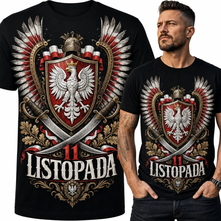 Koszulka męska „11 Listopada” - orzeł biały, husarskie skrzydła i szable