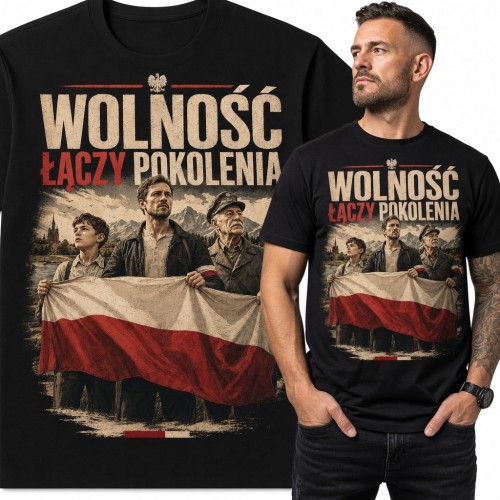 Koszulka męska patriotyczna „Wolność łączy pokolenia” - trzy pokolenia z flagą Polski
