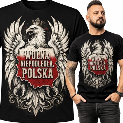 Koszulka męska „Wolna, niepodległa, Polska” - orzeł w koronie i mapa kraju