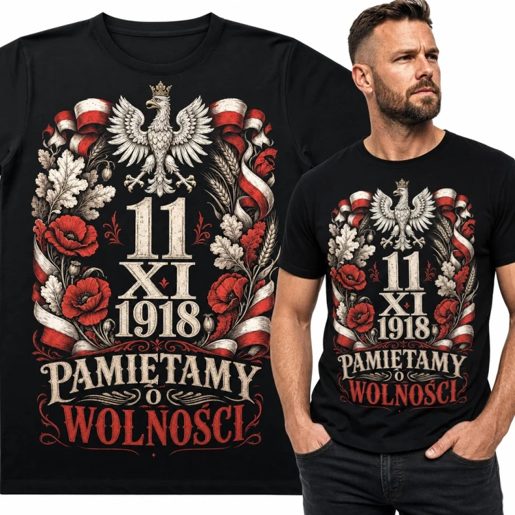 Koszulka męska na Święto Niepodległości z orłem w koronie „11 XI 1918 Pamiętamy o wolności”