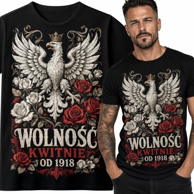 Koszulka męska z orłem w koronie i różami „Wolność kwitnie od 1918” - patriotyczna