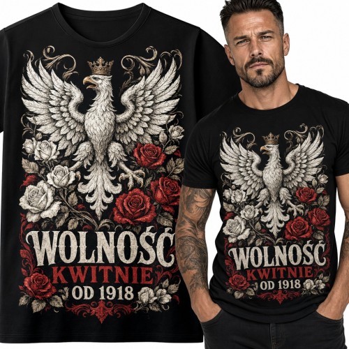 Koszulka męska z orłem w koronie i różami „Wolność kwitnie od 1918” - patriotyczna