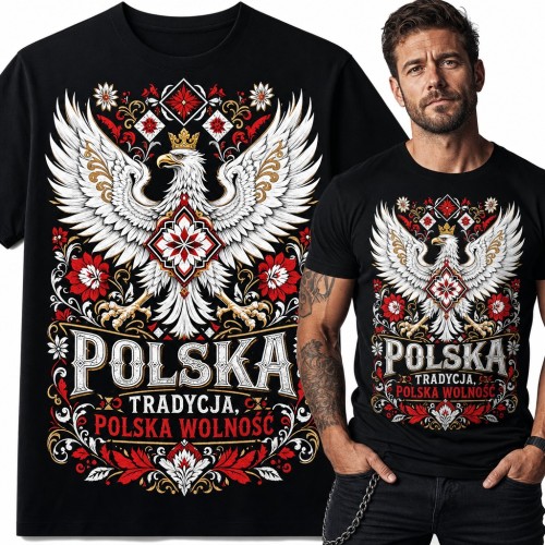 Koszulka męska z orłem w koronie i ludowym ornamentem „Polska tradycja, Polska wolność”