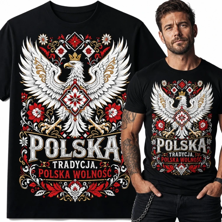 Koszulka męska z orłem w koronie i ludowym ornamentem „Polska tradycja, Polska wolność”