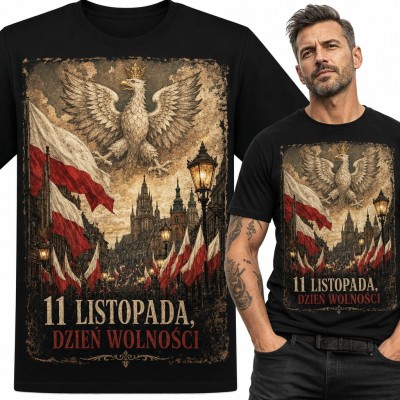 Koszulka męska patriotyczna „11 listopada, dzień wolności” z orłem w koronie i flagami