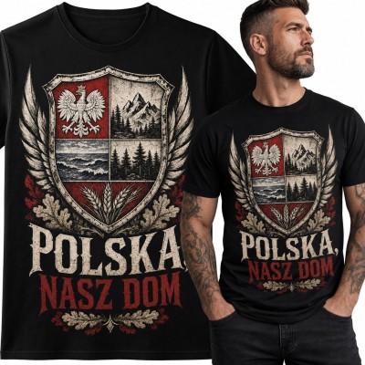 Koszulka męska patriotyczna „Polska, nasz dom” - herb z orłem, górami i morzem