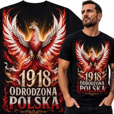 Koszulka męska z orłem w koronie i płomieniach „1918 Odrodzona Polska”