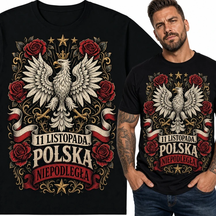 Koszulka męska „11 listopada, Polska niepodległa” - orzeł w koronie i róże