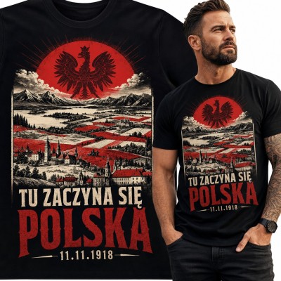 Koszulka męska patriotyczna z orłem i napisem „Tu zaczyna się Polska 11.11.1918”