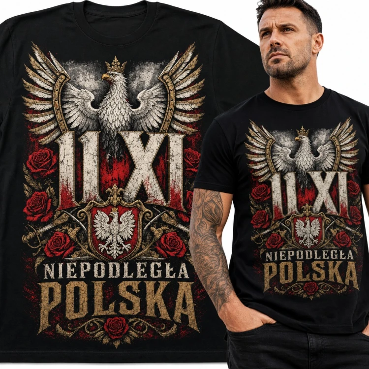 Koszulka męska „11 XI Niepodległa Polska” - orzeł w koronie, godło i szable