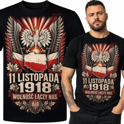 Koszulka męska z orłem białym i mapą Polski „11 listopada 1918 Wolność łączy nas”