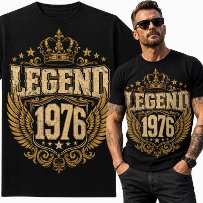 Koszulka męska na 50 urodziny „Legend 1976” z koroną i skrzydłami