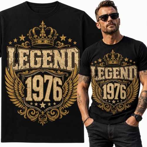Koszulka męska na 50 urodziny „Legend 1976” z koroną i skrzydłami