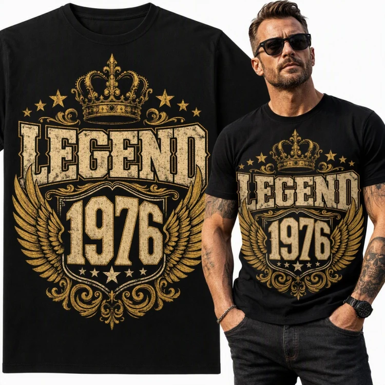 Koszulka męska na 50 urodziny „Legend 1976” z koroną i skrzydłami