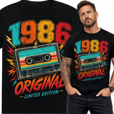 Koszulka męska na 40 urodziny „1986 Original Limited Edition” - retro kaseta
