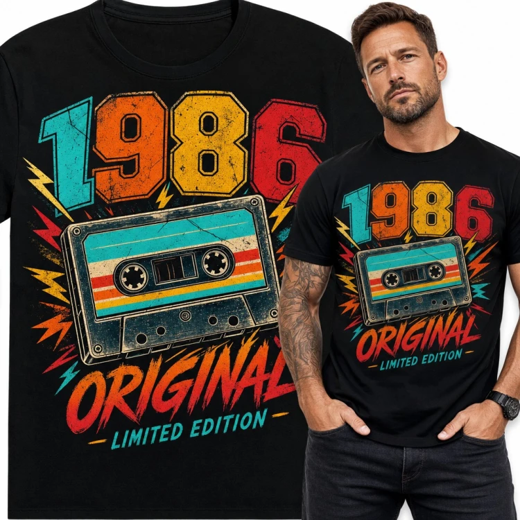 Koszulka męska na 40 urodziny „1986 Original Limited Edition” - retro kaseta