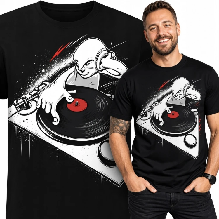 Koszulka męska z kosmitą DJ-em przy gramofonie - motyw winylowy
