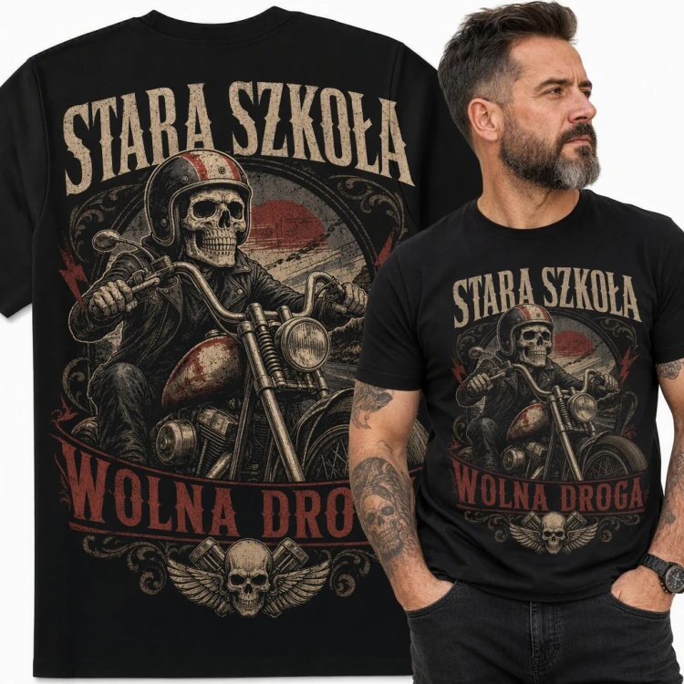 Koszulka męska „Stara szkoła wolna droga” - szkielet na chopperze dla motocyklisty