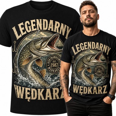 Koszulka męska ze szczupakiem „Legendarny wędkarz” - klub prawdziwych wędkarzy