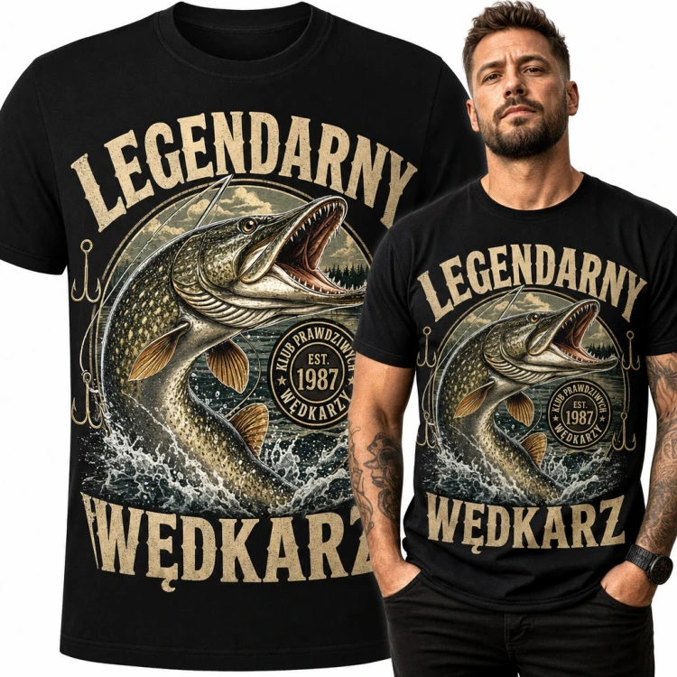 Koszulka męska ze szczupakiem „Legendarny wędkarz” - klub prawdziwych wędkarzy