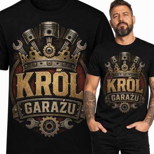 Koszulka męska „Król garażu” - korona z tłokami i kluczami dla mechanika