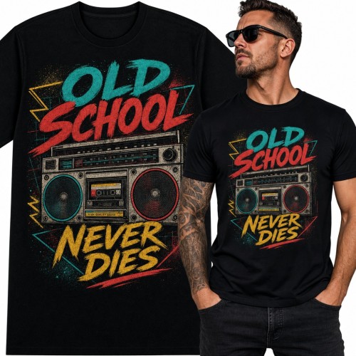 Koszulka męska „Old School Never Dies” z retro boomboxem i kasetą