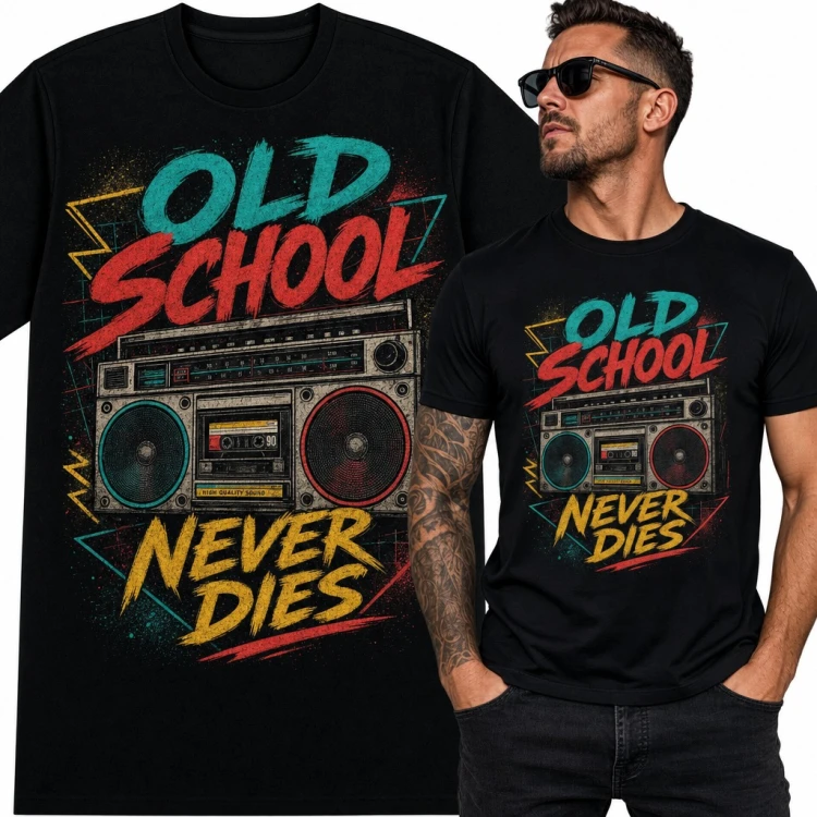 Koszulka męska „Old School Never Dies” z retro boomboxem i kasetą